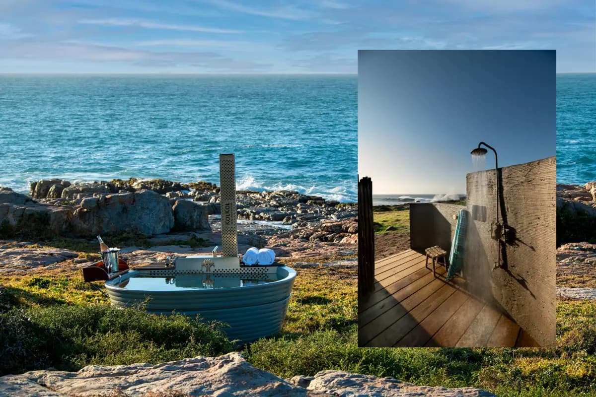 Outdoor bath and shower by the sea at GweGwe Beach Lodge