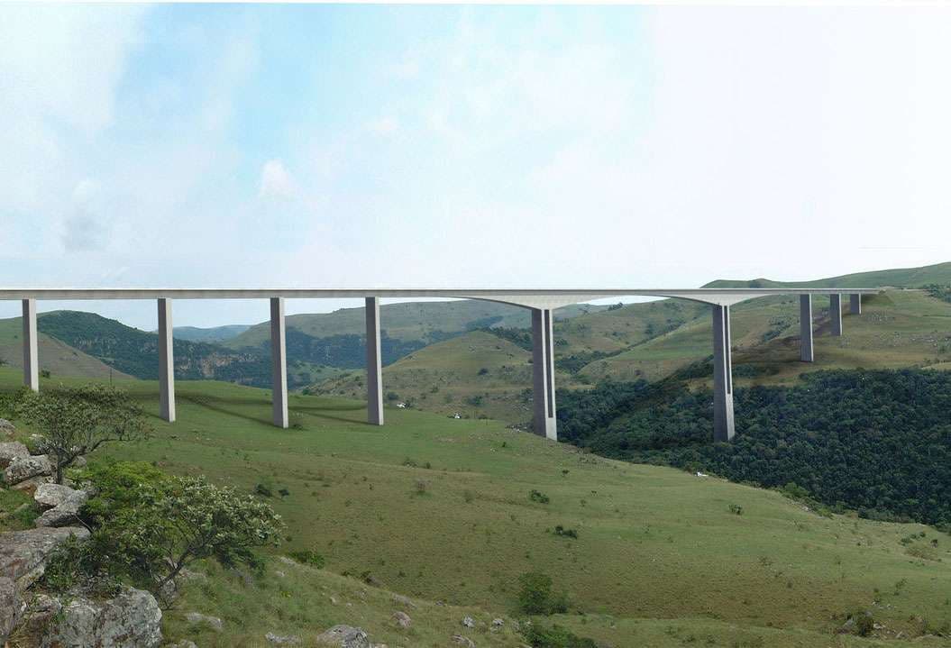 Artist's impression of the Mtentu Bridge, a tall concrete viaduct spanning a green Eastern Cape valley on the N2 Wild Coast Road, South Africa