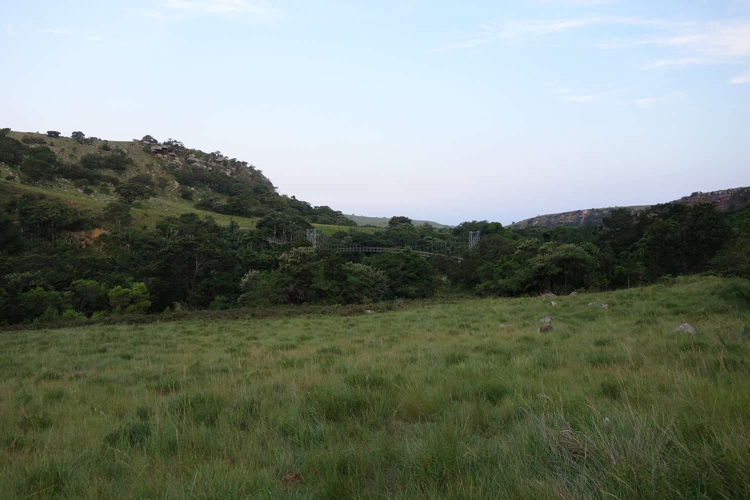 Deep green valley and forested hillsides rolling down toward the sea on the Wild Coast, Eastern Cape, South Africa