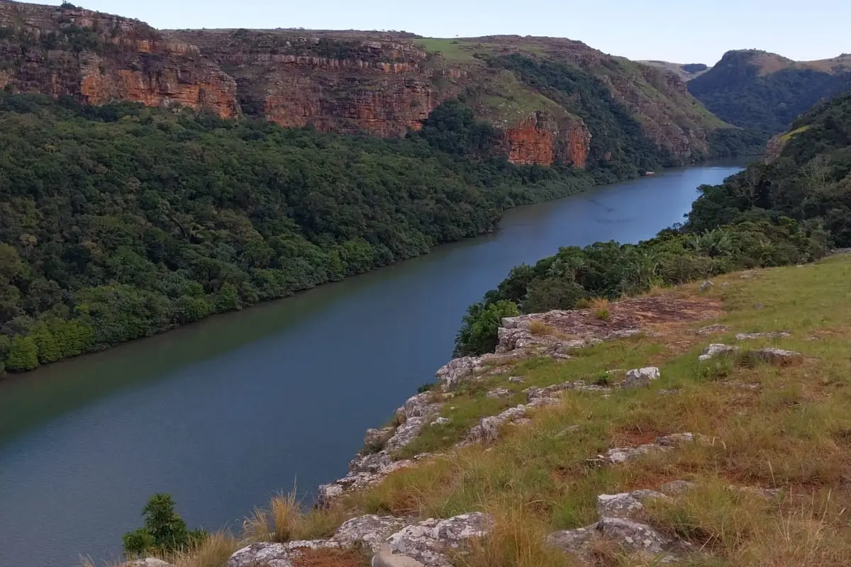 The viewpoint above Leopard Rock Falls, looking down onto the Mtentu River