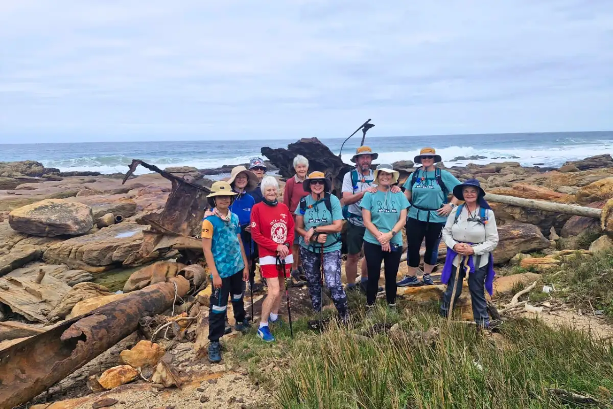 Mtentu Ramble hikers exploring shipwreck remains along the Wild Coast