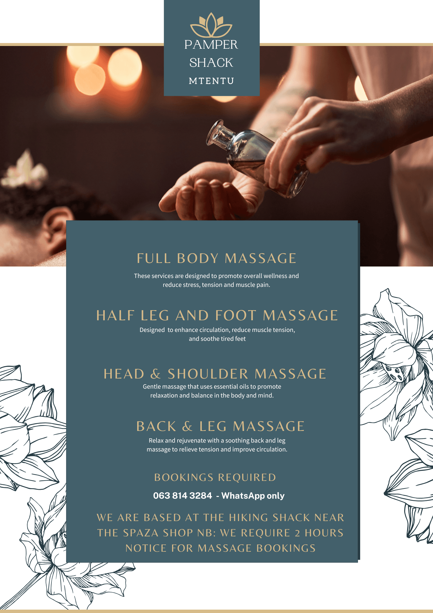 Pamper Shack Mtentu massage treatment menu listing full body, head, and back massage services for hikers