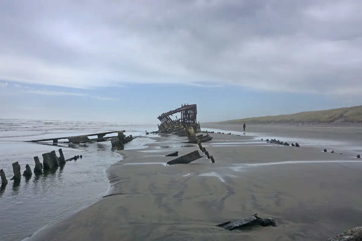 The remains of a wooden vessel, slowly claimed by the shore