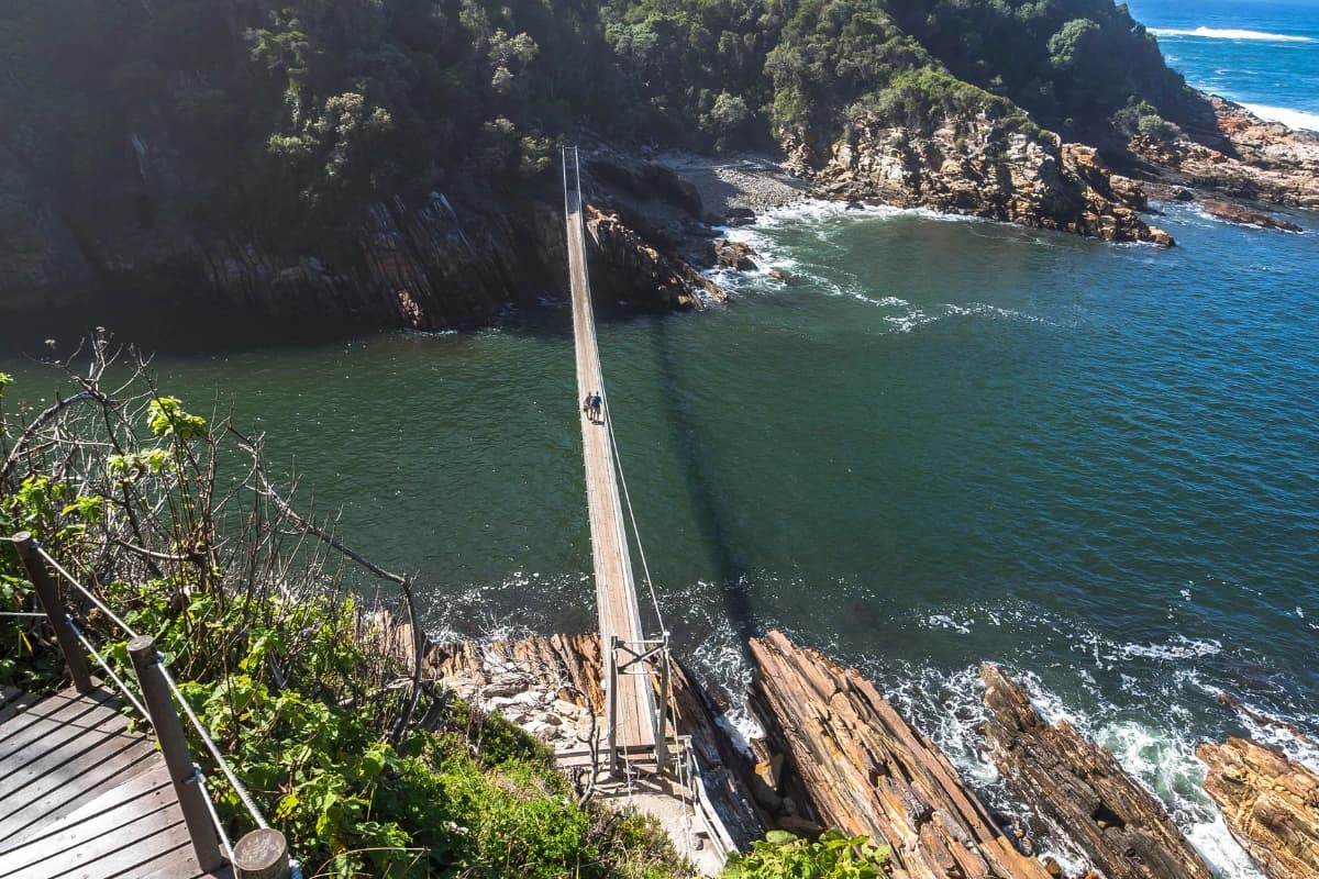 Elevated view down the long suspension bridge over the mouth of the Storms River, two hikers crossing high above the deep green water and rocky shore, Otter Trail, Tsitsikamma, South Africa